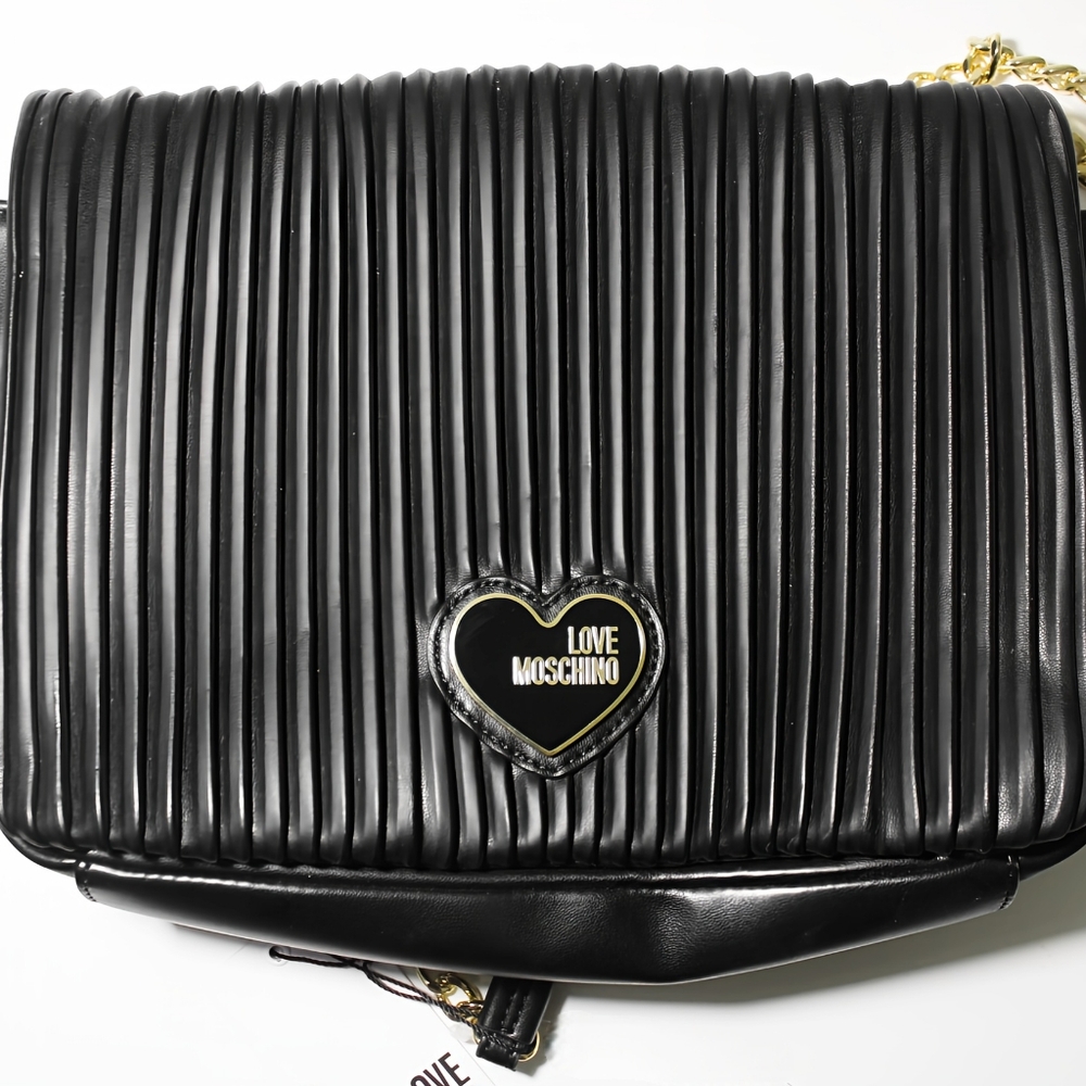 ✨New Love Moschino Women's Quilted & Embroidered Black Flap-Over Satchel Handbag